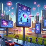 Futuristic city skyline with Meta-branded digital billboards and people using augmented reality technology.