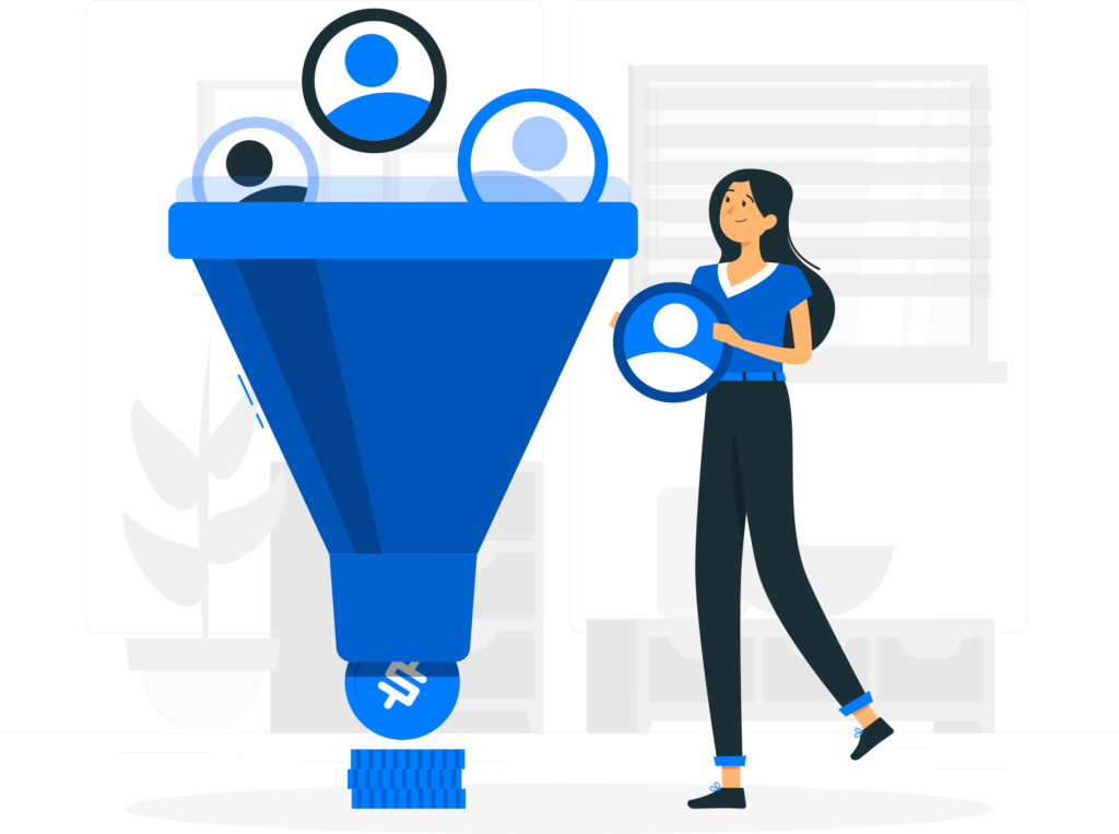 A visual depiction of a woman standing beside a funnel filled with people, illustrating the transition from leads to customers and payments.